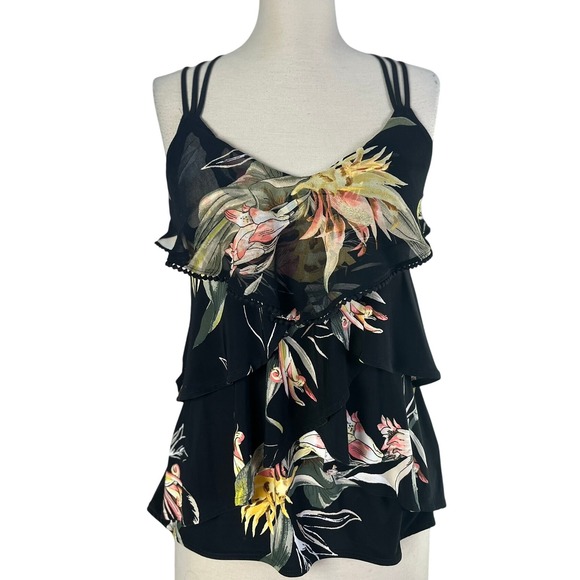 White House Black Market Tops - White House Black Market Steampunk Floral Ruffle Cami Top Strappy Black XS‎
